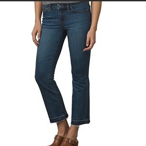 PrAna NWT Cia High Rise Stretch Crop organic Raw Hem Flare Antique Blue 14/32